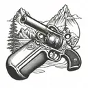 Moonshine jug and revolver intertwined with mountain peaks tattoo design idea