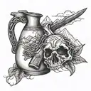 Moonshine jug and revolver intertwined with mountain peaks tattoo design idea