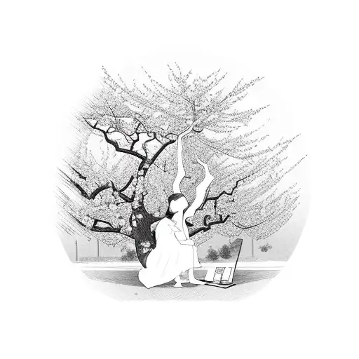 A silhouette of a person reading under a tree with plum blossoms tattoo design idea