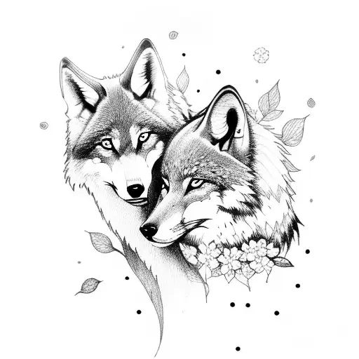 A wolf and fox duo surrounded by Sakura blossoms tattoo design idea