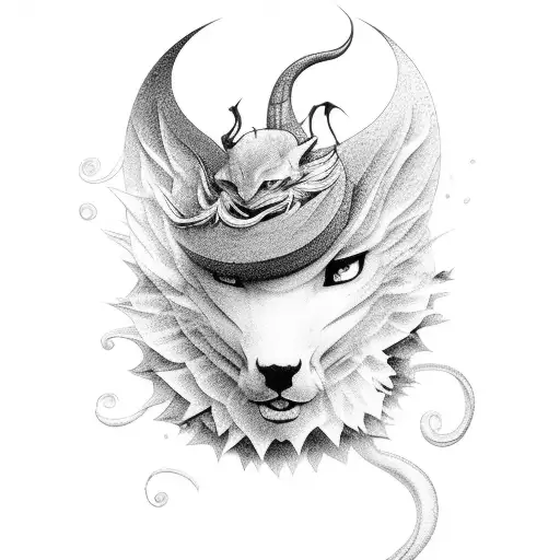A fantasy-inspired scene with mythical creatures and peach blossoms tattoo design idea