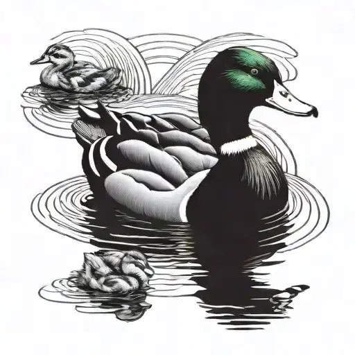 An elegant blackwork tattoo of a mother mallard duck with her ducklings swimming in a pond, representing the client's role as a mother tattoo design idea