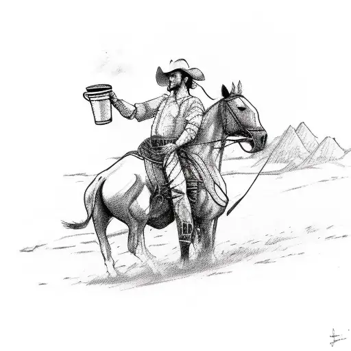 A cowboy riding a horse with a coffee cup in hand tattoo design idea