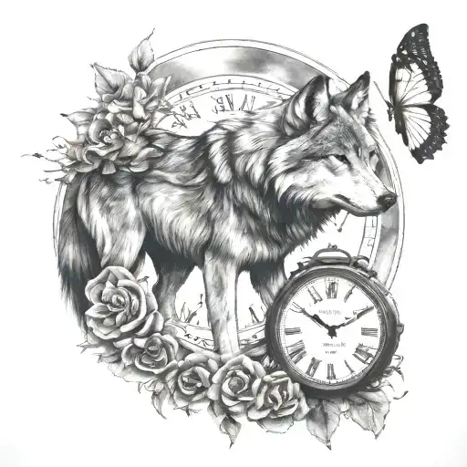 wolf clock  moon and butterflies  tattoo design idea