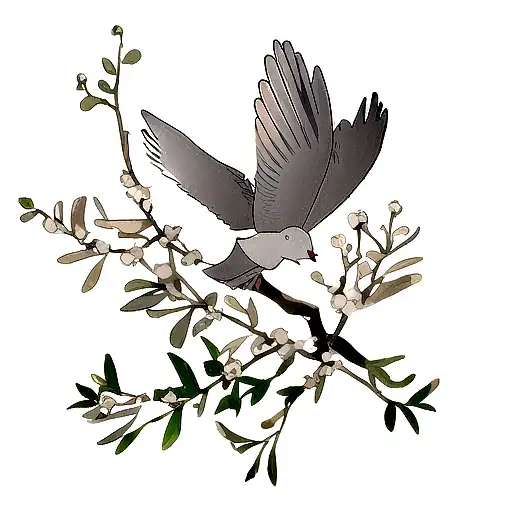 A minimalistic yet powerful depiction of a dove carrying an olive branch, symbolizing peace and hope inspired by the Bible tattoo design idea