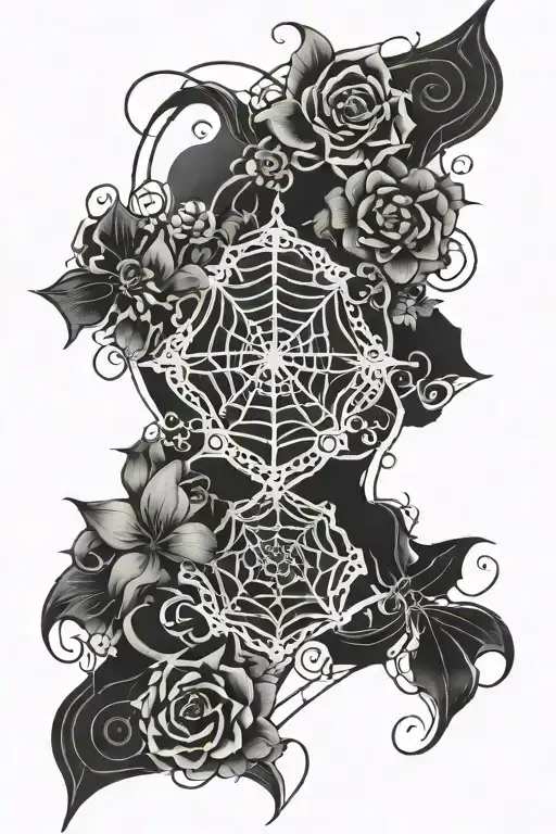 neck and back tattoo all black with flowers, gothic style with spider webs but also geometric patterns with blackout tattoo design idea