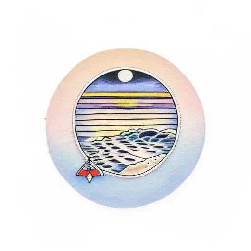 A Polaroid picture of a beach at sunset with a full moon overhead tattoo design idea