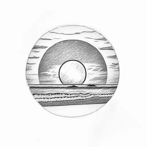 A Polaroid picture of a beach at sunset with a full moon overhead tattoo design idea