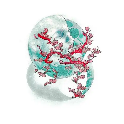 red headed mermaid cherry blossom tree full moon  tattoo design idea