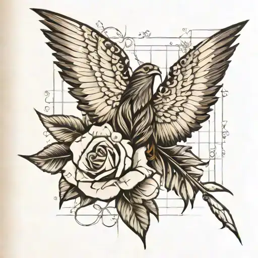 Rose, Wings, Feather pen, notes, Grid lines, Philippines tattoo design idea