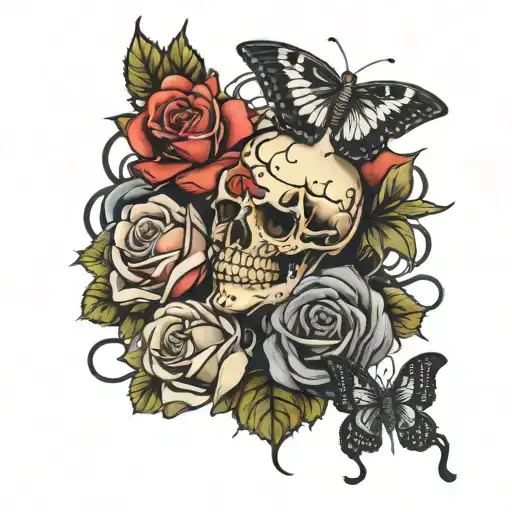 Black butterfly and centipede wrapping around a rose with cracked skull tattoo design idea