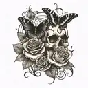 Black butterfly and centipede wrapping around a rose with cracked skull tattoo design idea