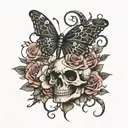 Black butterfly and centipede wrapping around a rose with cracked skull tattoo design idea