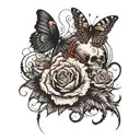 Black butterfly and centipede wrapping around a rose with cracked skull tattoo design idea