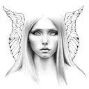 woman with long straight hair holding baby angel tattoo design idea