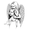 woman with long straight hair holding baby angel tattoo design idea