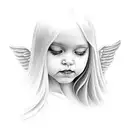 woman with long straight hair holding baby angel tattoo design idea