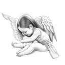 woman with long straight hair holding baby angel tattoo design idea