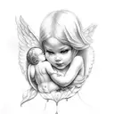 woman holding a baby angel tattoo design idea