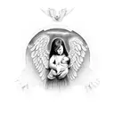 woman holding a baby angel tattoo design idea