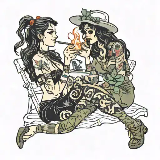 kindred souls bonfire two sexy ladies smoking weed and drinking camping  tattoo design idea