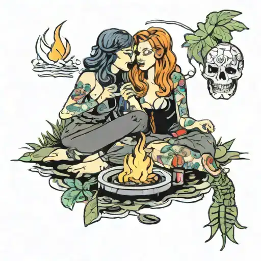 kindred souls bonfire two sexy ladies smoking weed and drinking camping lake fireworks and lights and arm over the lady tattoo design idea