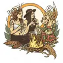 kindred souls bonfire two sexy ladies smoking weed and drinking camping lake fireworks  tattoo design idea