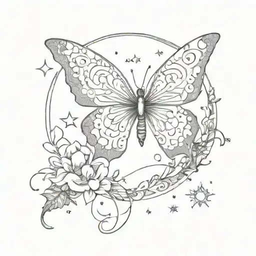moon stars butterfly and inscription tattoo design idea