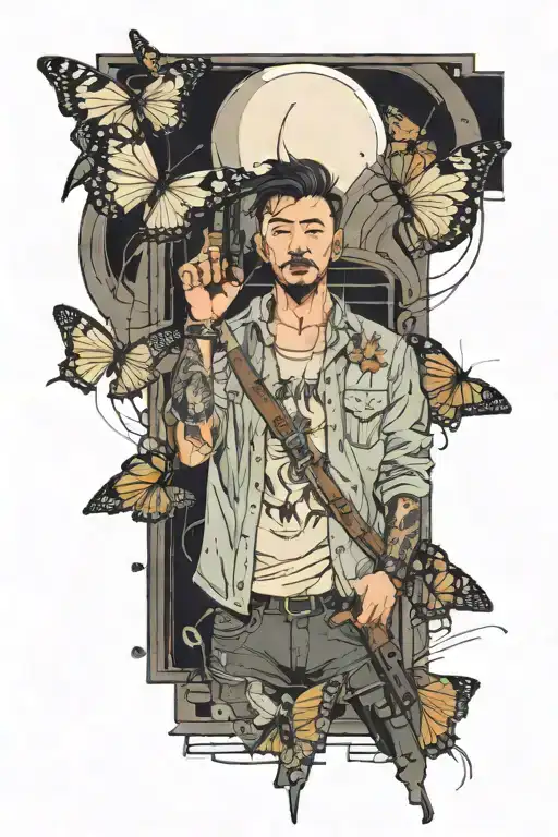 A man has a cage over his head, man is standing and holding a gun, butterflies are flying around, man wear casual clothe tattoo design idea