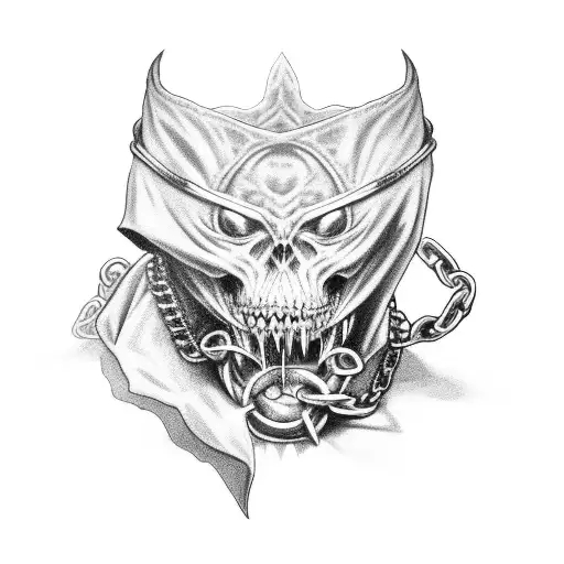 hooded demon biting into a heart wrapped in chains tattoo design idea