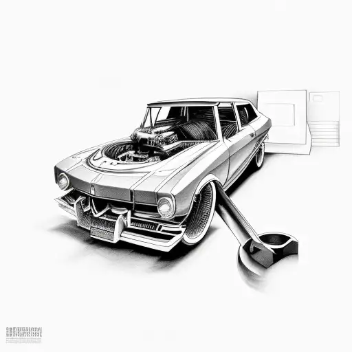 internal parts of a car like an engine and some workshop tools tattoo design idea