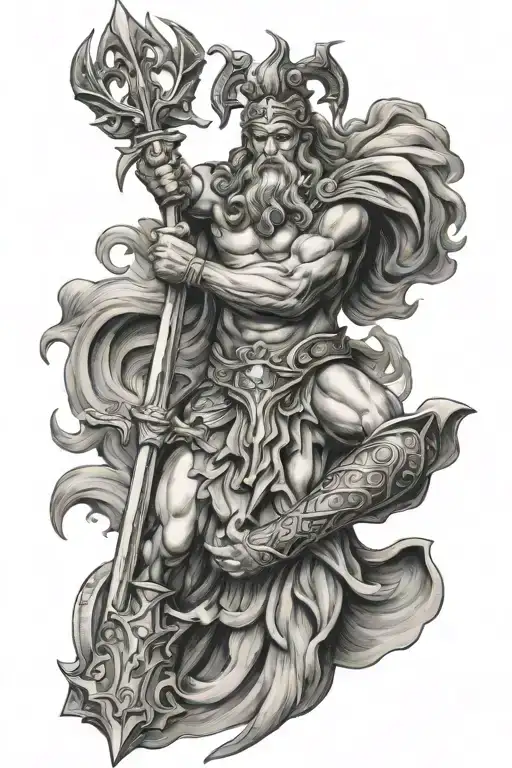 Poseidon holding the trident with a spartan warrior tattoo design idea