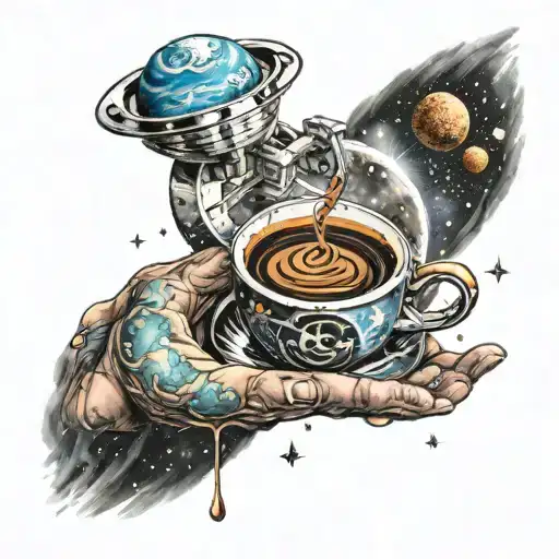 A cosmic scene of a barista brewing coffee on a planet in the galaxy tattoo design idea