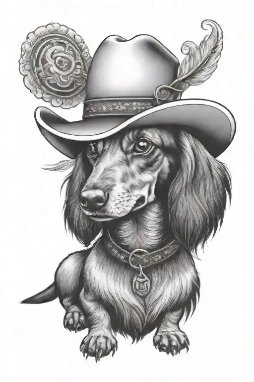 long haired miniature dachshund head wearing cowboy hat   tattoo design idea