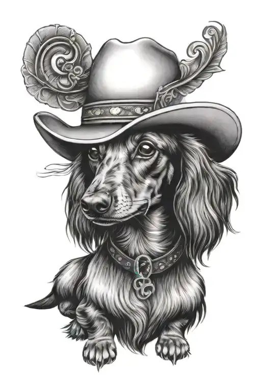 long haired miniature dachshund wearing cowboy hat  tattoo design idea