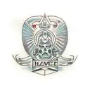 shield, halo, and YVO initials tattoo design idea