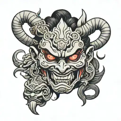 Women wearing Oni mask holding tattoo design idea