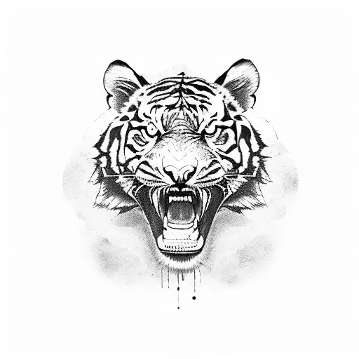 A tiger roaring in front of a crest with musical symbols and notes tattoo design idea