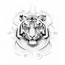 A tiger roaring in front of a crest with musical symbols and notes tattoo design idea