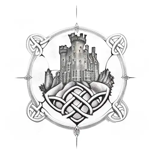 A majestic Scottish castle surrounded by Celtic knots and adorned with medieval weaponry tattoo design idea