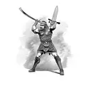 A Celtic warrior wielding a sword and a battle axe in a fierce stance tattoo design idea