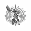 A Celtic warrior wielding a sword and a battle axe in a fierce stance tattoo design idea