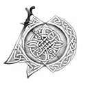 A Celtic warrior wielding a sword and a battle axe in a fierce stance tattoo design idea