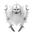 A Celtic warrior wielding a sword and a battle axe in a fierce stance tattoo design idea