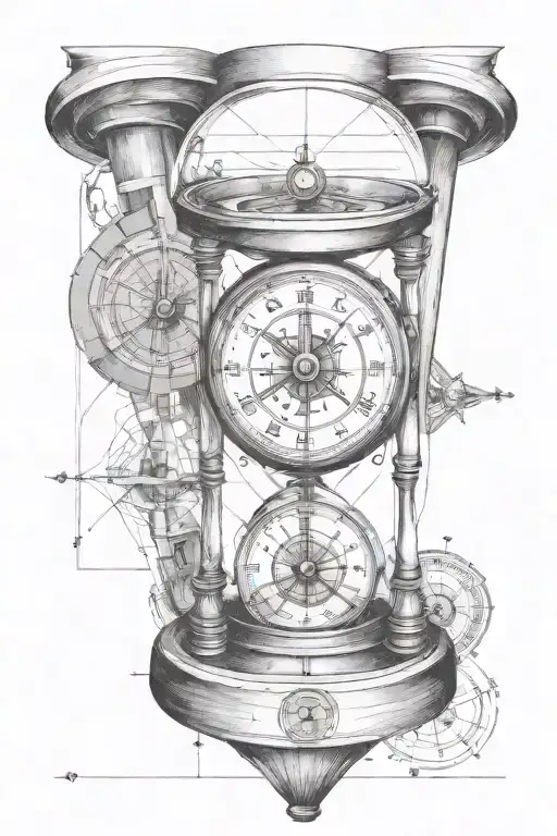 hourglass, analog clock and compass in a pencil stroke style tattoo design idea
