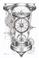 hourglass, analog clock and compass in a pencil stroke style tattoo design idea