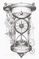 hourglass, analog clock and compass in a pencil stroke style tattoo design idea
