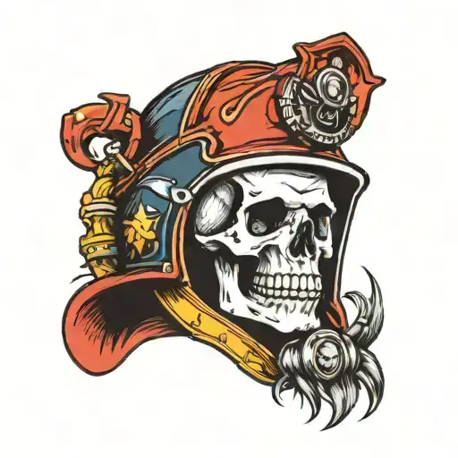 skull wearing firefighting helmet tattoo design idea