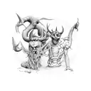 A devil dancing with a god in a surreal landscape tattoo design idea