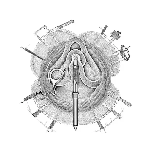 A detailed illustration of a uterus surrounded by surgical instruments tattoo design idea